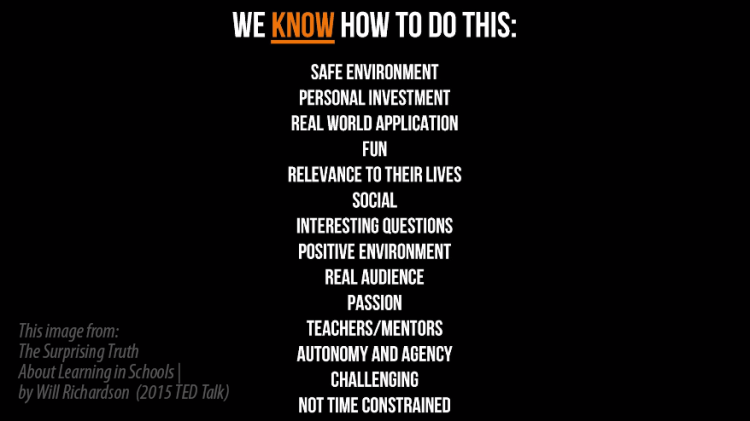 Slide image from Will Richardson 2015 TED Talk with a list of stating we know how to do this